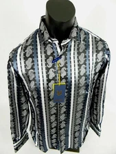 Mens Manzini Dress Shirt Black Charcoal Paisley Stripes French Cuff Links Button