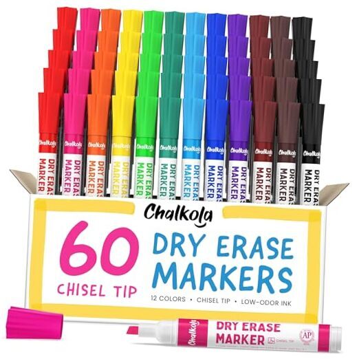 Dry Erase Markers Bulk Pack of 60 (12 Vibrant Chisel Tip 12 colors 60 Pack