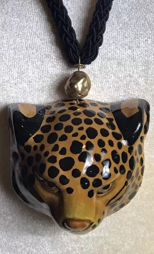 VTG Italy Signed Blanche Federer HM Porcelain Leopard Pendant Necklace Jewelry - Picture 6 of 7