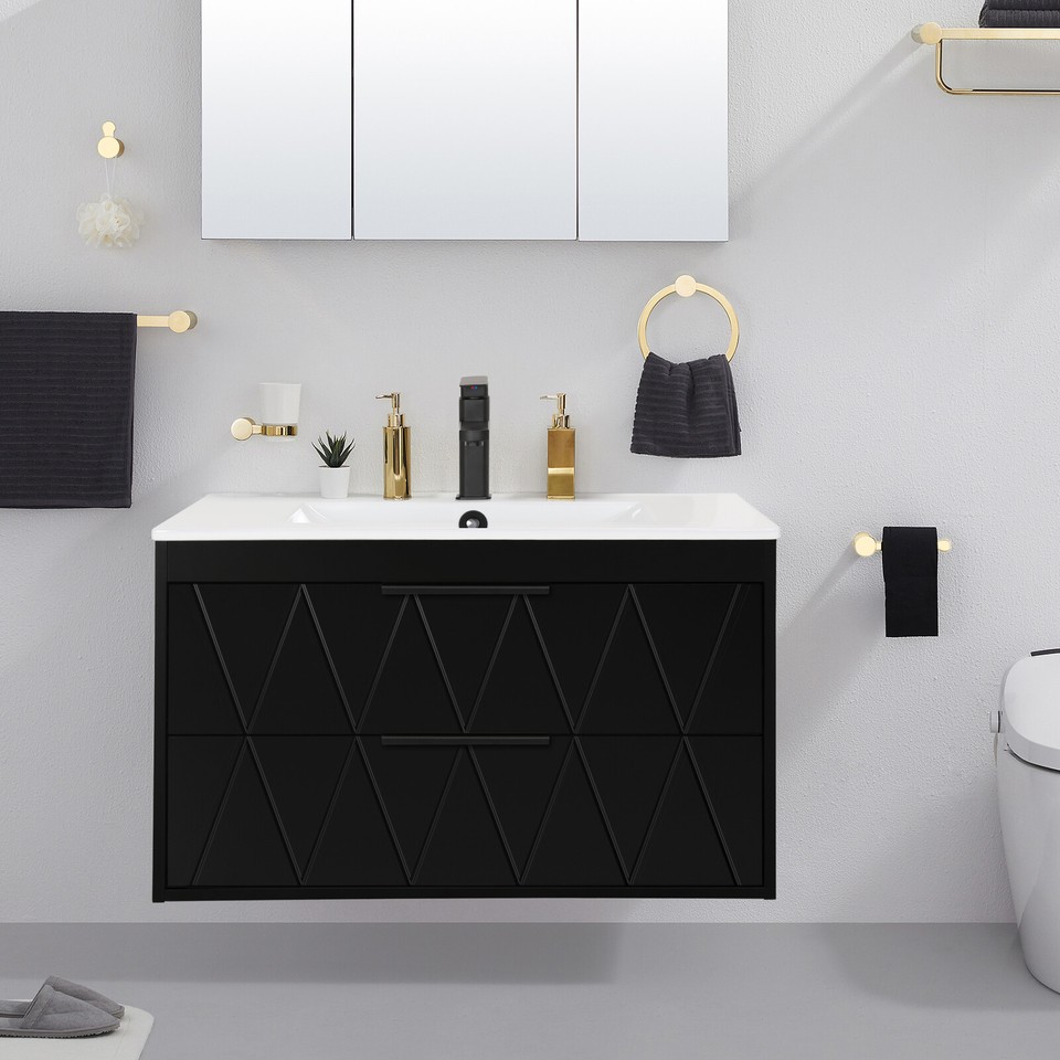 Modern Wall Mounted Bathroom Vanity With Ceramic Sink, Faucet & Drain - 2 Drawers