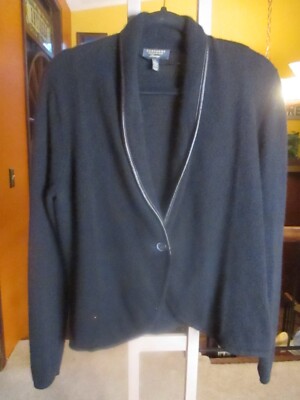 Charter Club L M Cashmere Black Cardigan W/ Leather Trim