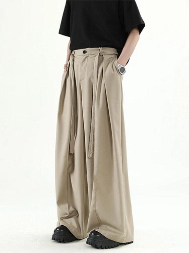 Men's Khaki Loose Wide-leg Trousers Casual Summer Pleated Pants  - Picture 4 of 16