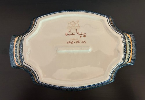 Polnische Keramik Unikat signiert blau und rot Mohnblumen tiefe Platte Tablett 13" selten Rarität - Bild 8 von 9