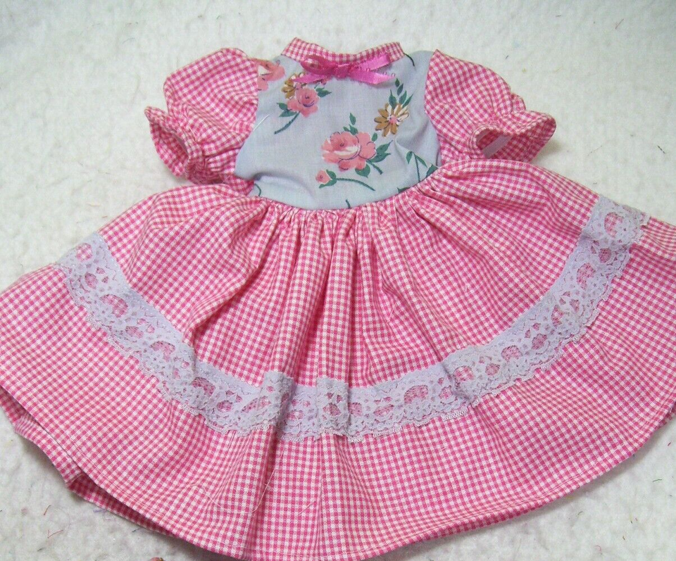 Roses on blue, pink gingham dress, panties, hair bowsmade to fit 18