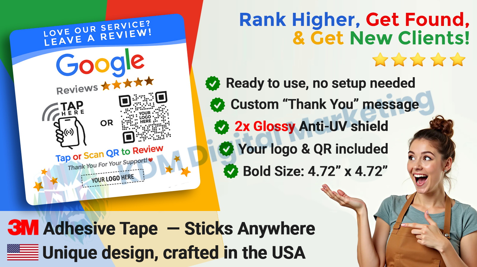 TapjetPro Custom Logo Google Review Tap Plate | XL Display Sign | NFC + QR Code
