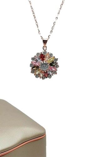 Rose gold finish multicoloured gemstones flower design necklace valentines idea - Picture 2 of 8
