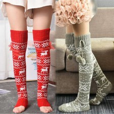 Women Christmas Socks Over Knee Knitted High Socks Warm Winter Stockings Long