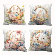4×Festive Easter Bunny Egg Pillow Covers Throw Pillowcases for Spring Home Decor