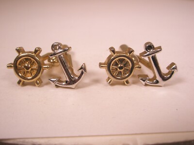 Navy Merchant Marine Ship's Wheel & Anchor Gold & Silver Tones Modern Cuff Links