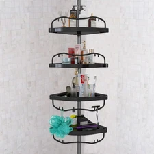 Tension Pole Shower Caddy with 4 Baskets Adjustable 56–125in Shelf for Bathroom