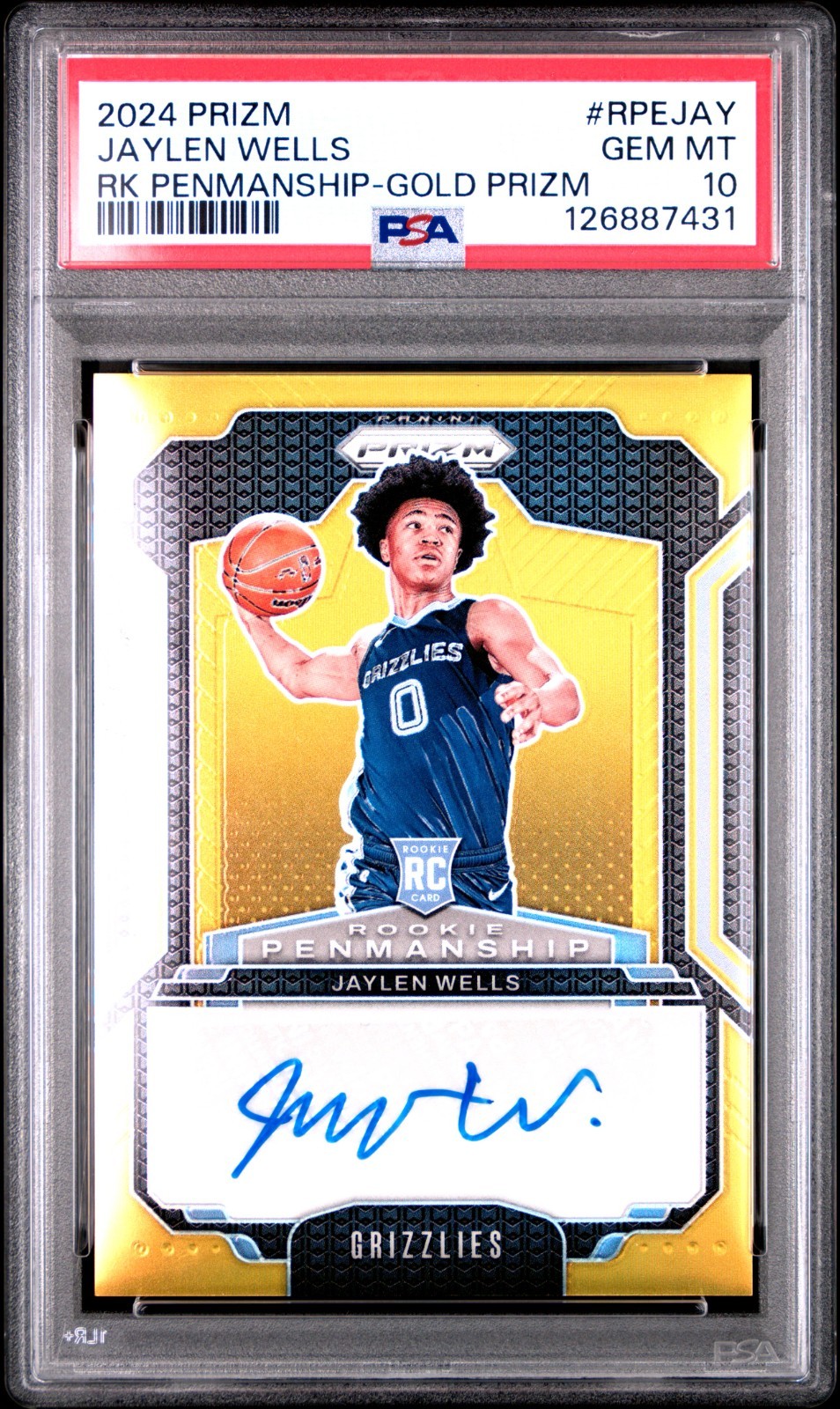 2024-25 Panini Prizm Jaylen Wells Gold Prizm Rookie Penmanship Auto 03/10 PSA 10