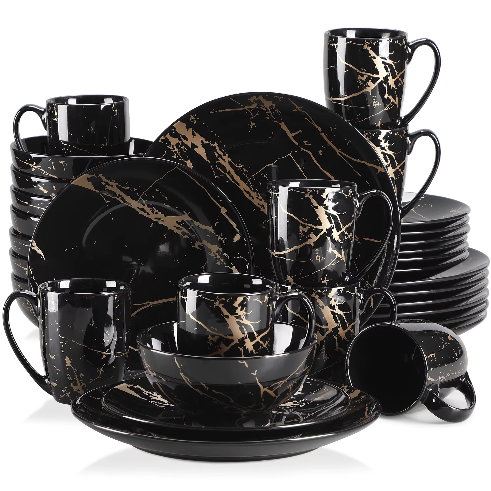 Dinnerware Set 48 Piece Porcelain Gold Splash Plates Bowls Cups Black Home Table