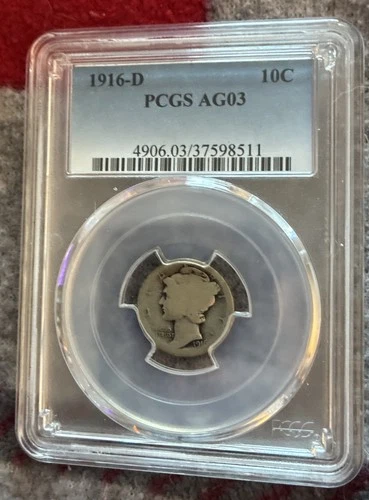 SCARCE: 1916 D Mercury Dime AG 3 NGC 90% Silver 10c Coin