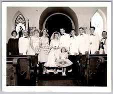 Vtg B&W Snapshot Wedding Party Group Church Altar White Tuxedos Gowns 1950s