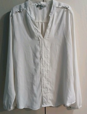 NY Collection Blouse Women's Sz M White Long Sleeve Formal Top Metal Accents 