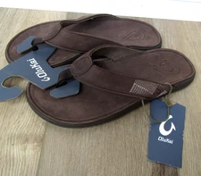 NEW OLUKAI MENS TUAHINE DARK WOOD 9 FLIP FLOPS SANDALS LEATHER 10465