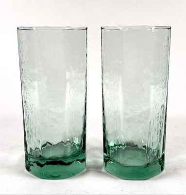  Libbey Facets Green 16 oz Tumblers 6 1/8  Set of 2 USA 1980s.