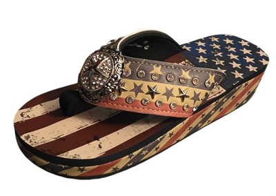 Montana West Silver Concho Patriotic Flag & Stars Wedge Flip Flop Women 8 