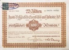 sehr rar: Wien 1870 -  25 Aktien der Austro-Belgischen Eisenbahn + Industrie AG