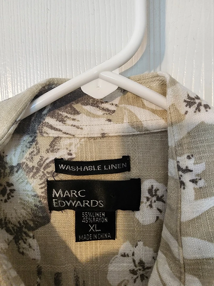 Marc Edwards Men’s XL Hawaiian Aloha Shirt Beige Linen Short Sleeve Vintage - Image 4 of 4