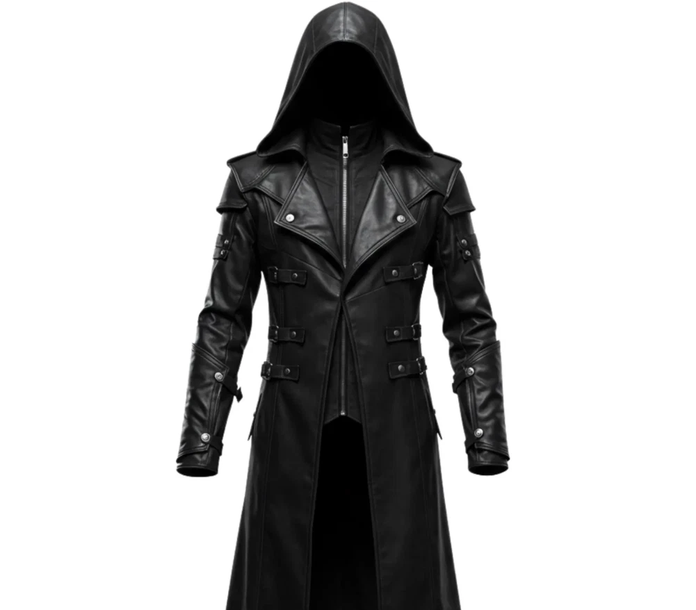 Black Leather Creed Hooded Coat Leather Steampunk Long Coat For Cosplay Costume
Opens in a new windo