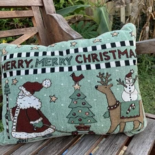 Christmas Tapestry Pillow Santa Pulling Sled  Vintage Coco Dowley