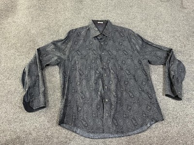 Bugatchi Shirt Mens xl Gray Paisley Long Sleeve Button Up Shaped Fit Casual