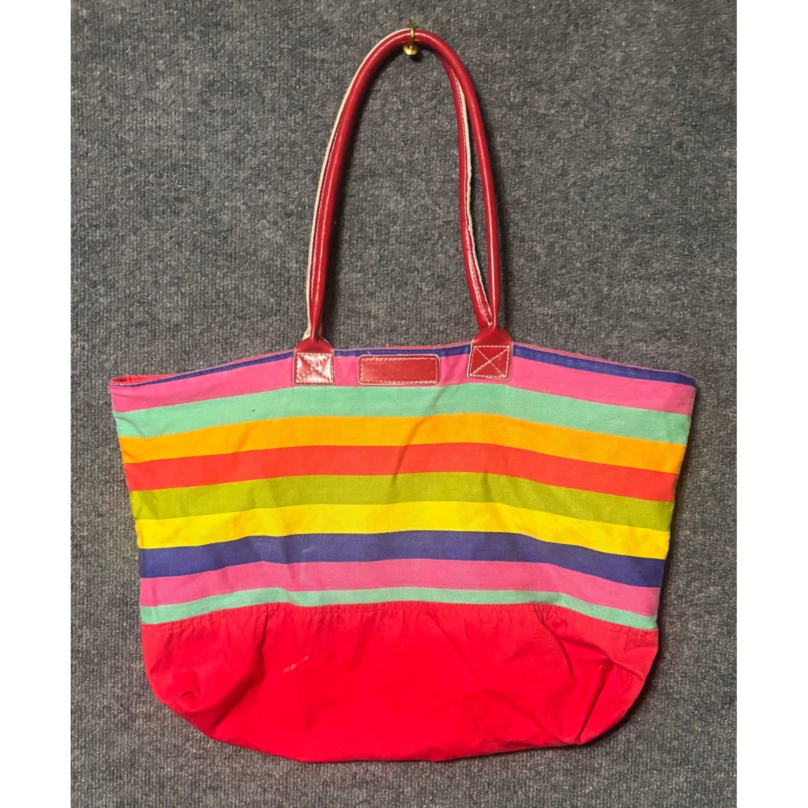 Vintage Y2K ESPRIT Rainbow Striped Canvas Tote Bag Red Straps Beach Bag