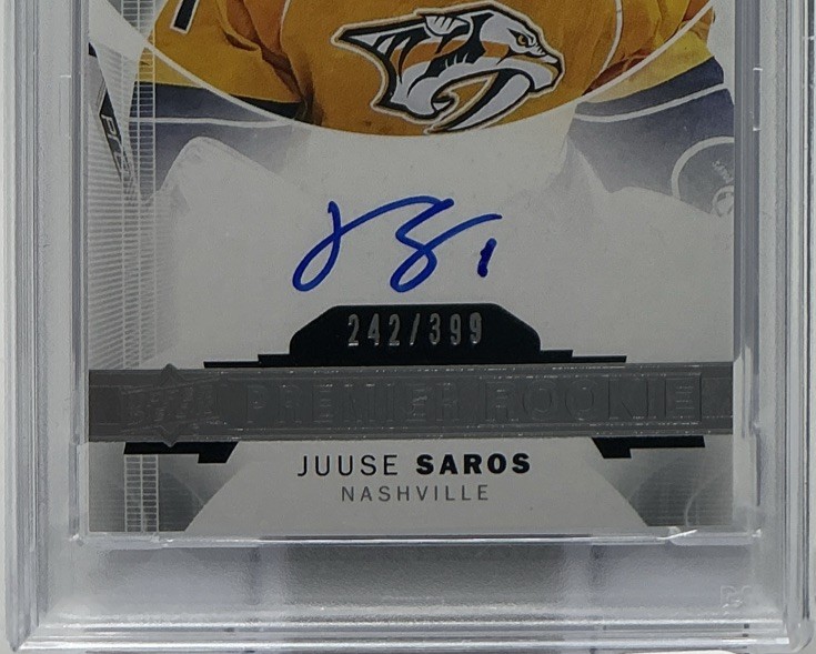 Juuse Saros Rookie Auto PSA 8/10- 2015 Upper Deck Premier /399 -Predators view 3
