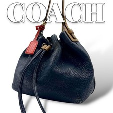 COACH Pebbled Leather Drawstring Bucket Shoulder Bag Navy 25905 Pre-owned