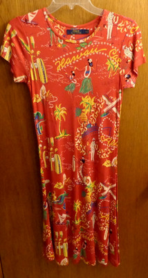 Polo Ralph Lauren Red Tropical Hawaii Hula Girls Dress Women XS S 30'' chest