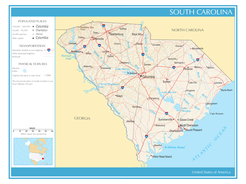 Map State of South Carolina United States Political Physical Print Print