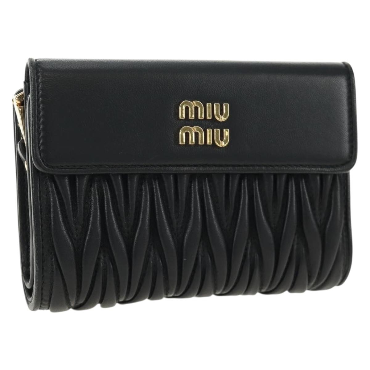 Miu Miu Matelasse Wallet Leather Black Gold Auth 190514M