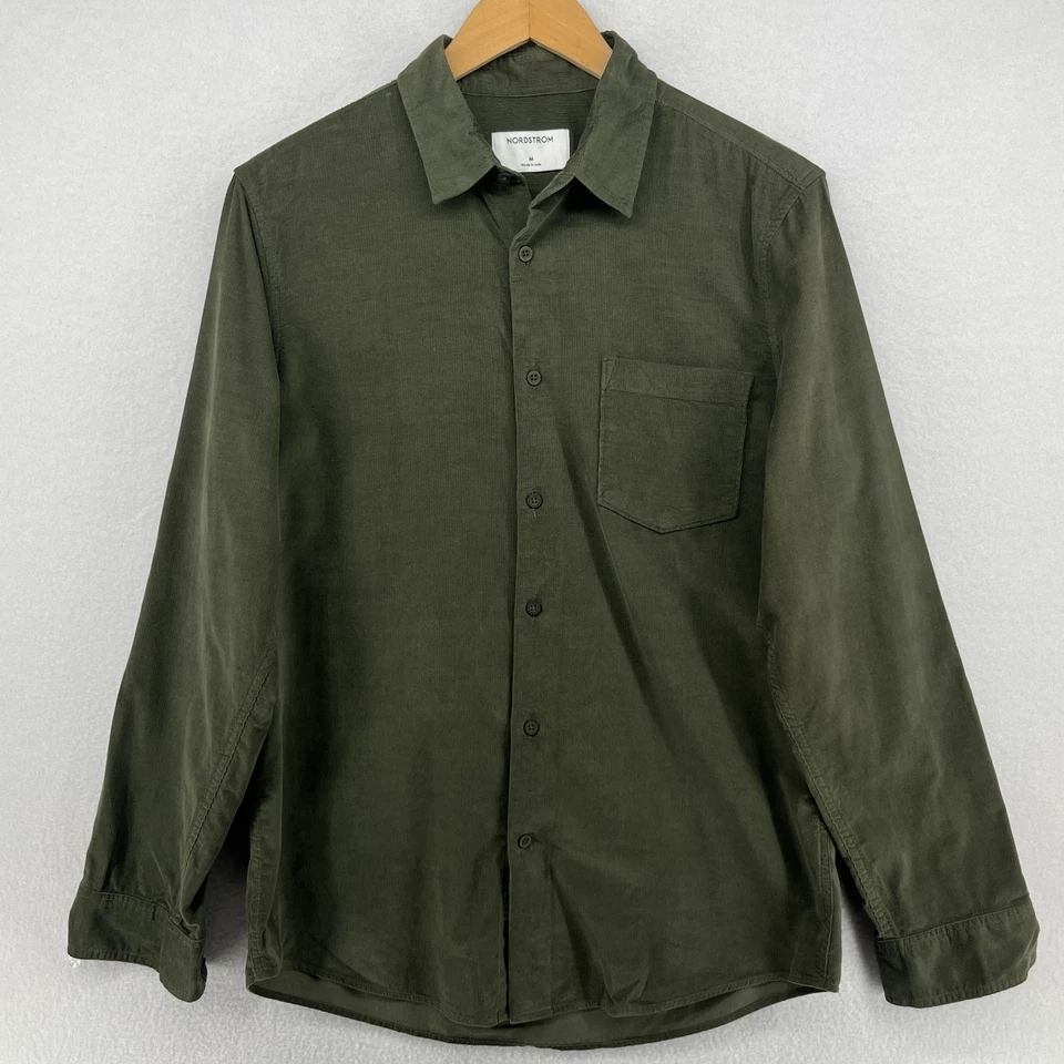 NORDSTROM Shirt Men M Pinwale Corduroy Button Up Long Sleeve Cotton Tencel Green - Image 2 of 4