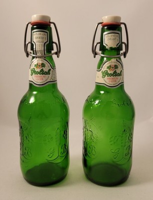 Two Grolsch Premium Lager 16oz Green Glass Bottles w/ Porcelain Stoppers - EMPTY