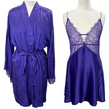 Victorias Secret Size M Babydoll Chemise  Robe Set Purple Lace Rhinestone Strap