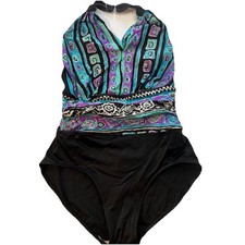 Vtg Multicolor Geometric Bathing Swim Suit Sz 10 One Piece Retro Modest Made USA