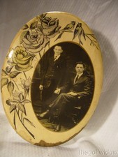 Antique Celluloid Photo Two Gentlemen Posing and Roses and Birds Border 7 3/4 In