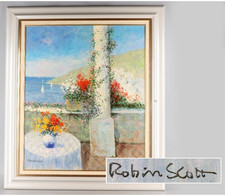 Dipinto ad olio originale Robin Scott - Vista mediterranea con fiori, firmato...