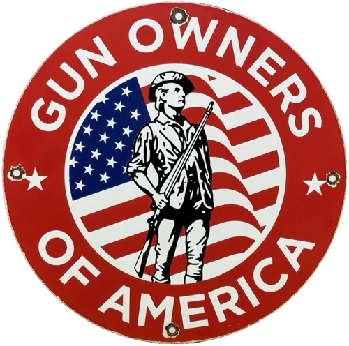 VINTAGE GUN OWNERS OF AMERICA PORCELAIN SIGN NRA 2ND AMENDMENT GAS OIL GLOCK