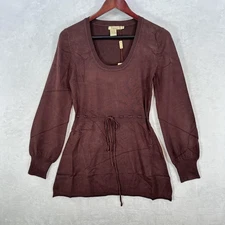 Bacci Sweater Womens Medium Brown Tunic Scoop Neck Drawstring Waist Knit Top