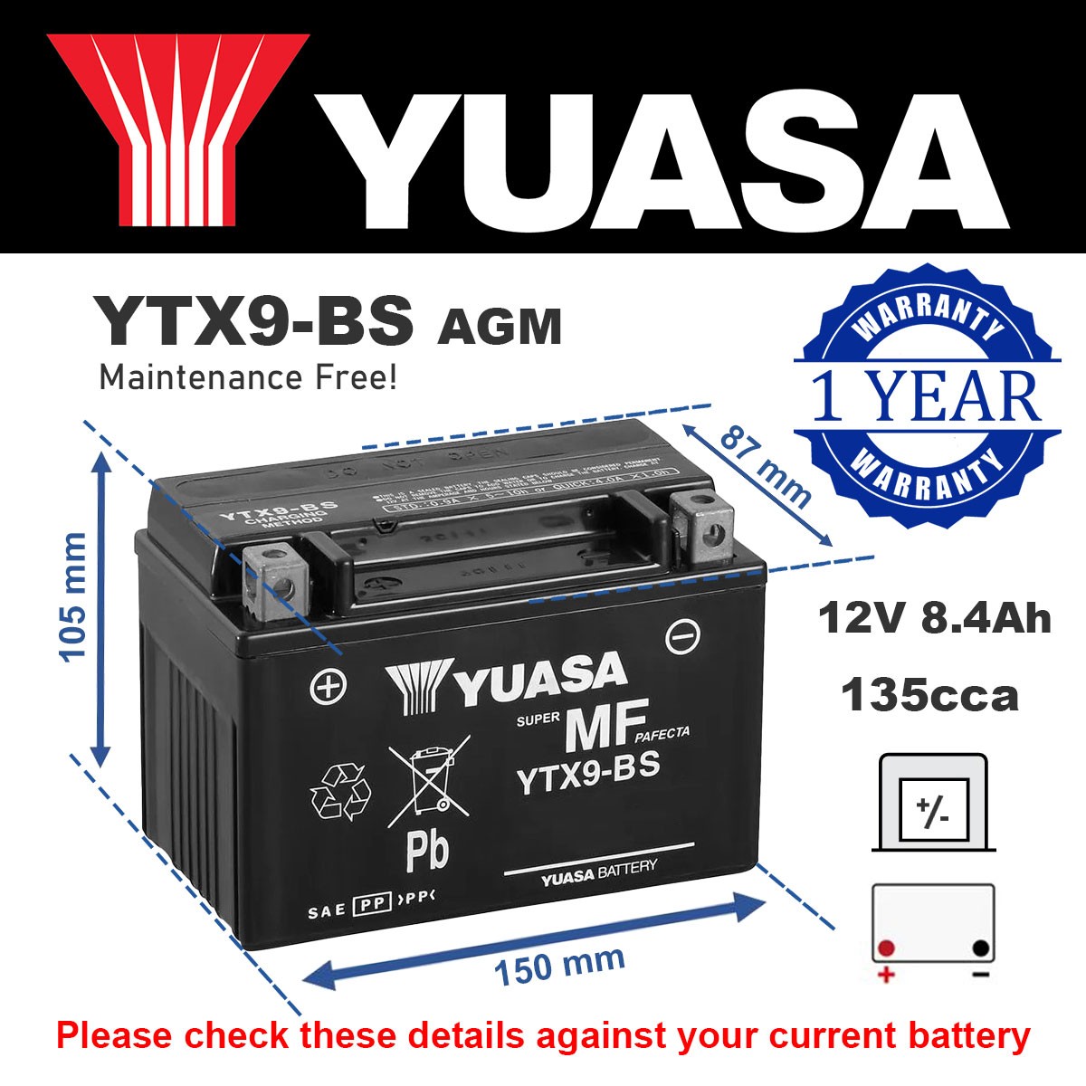 Genuine Yuasa YTX9-BS High Power AGM Motorbike Motorcycle Battery YTX9BS