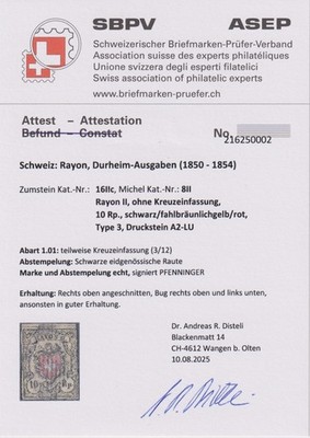 =Schweiz ZNr.16 IIc Abart 1.01. gest. Attest Disteli SBPV - seltenes Topstück!=