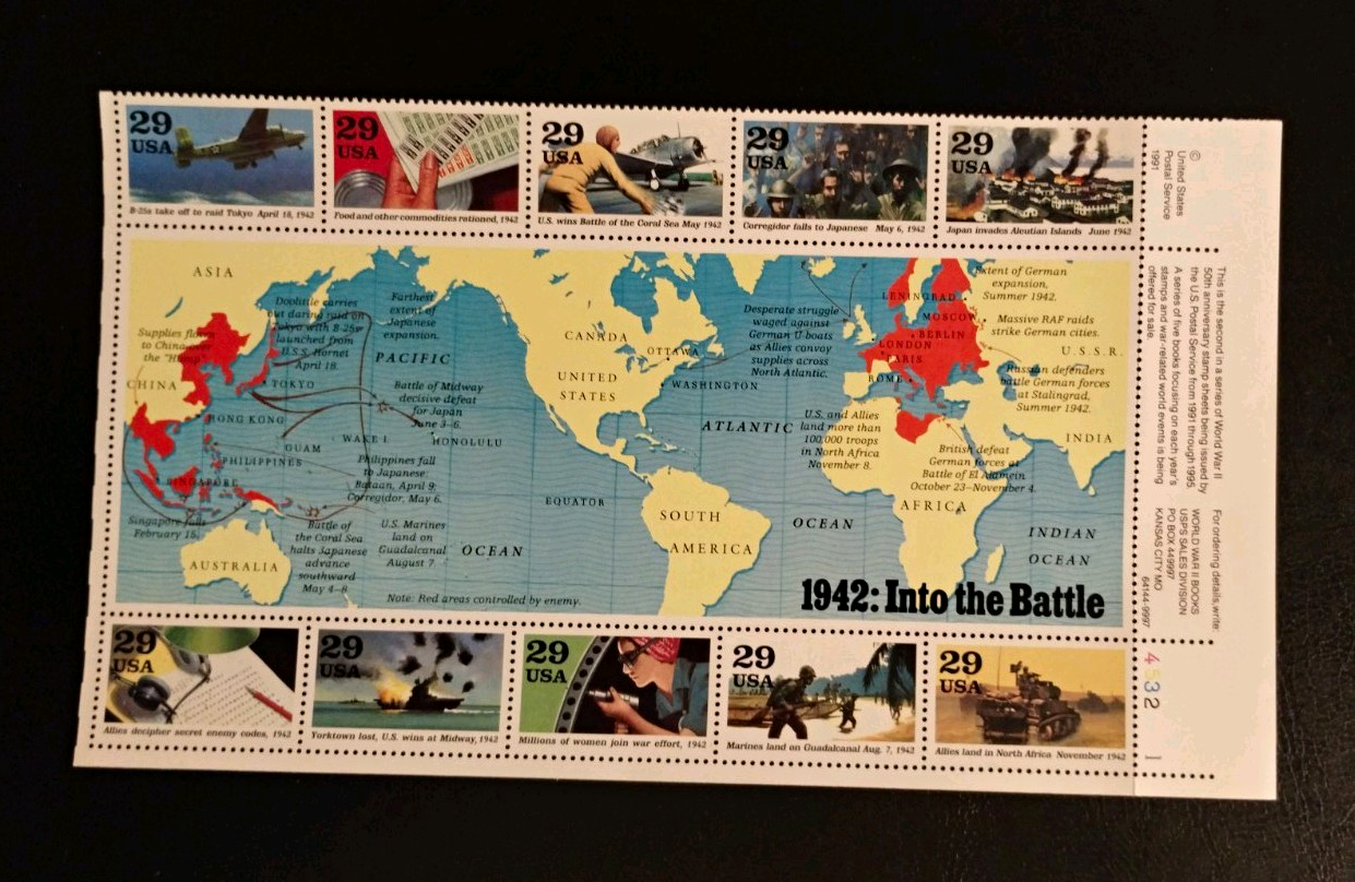 USPS 1942: Into the Battle WWII 29¢ Stamp Sheet/Pane, MNH, Uncancelled