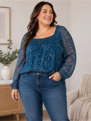 Esprit Teal Floral Square-Neck Long Sleeve Blouse Size 14 Boho Cottagecore