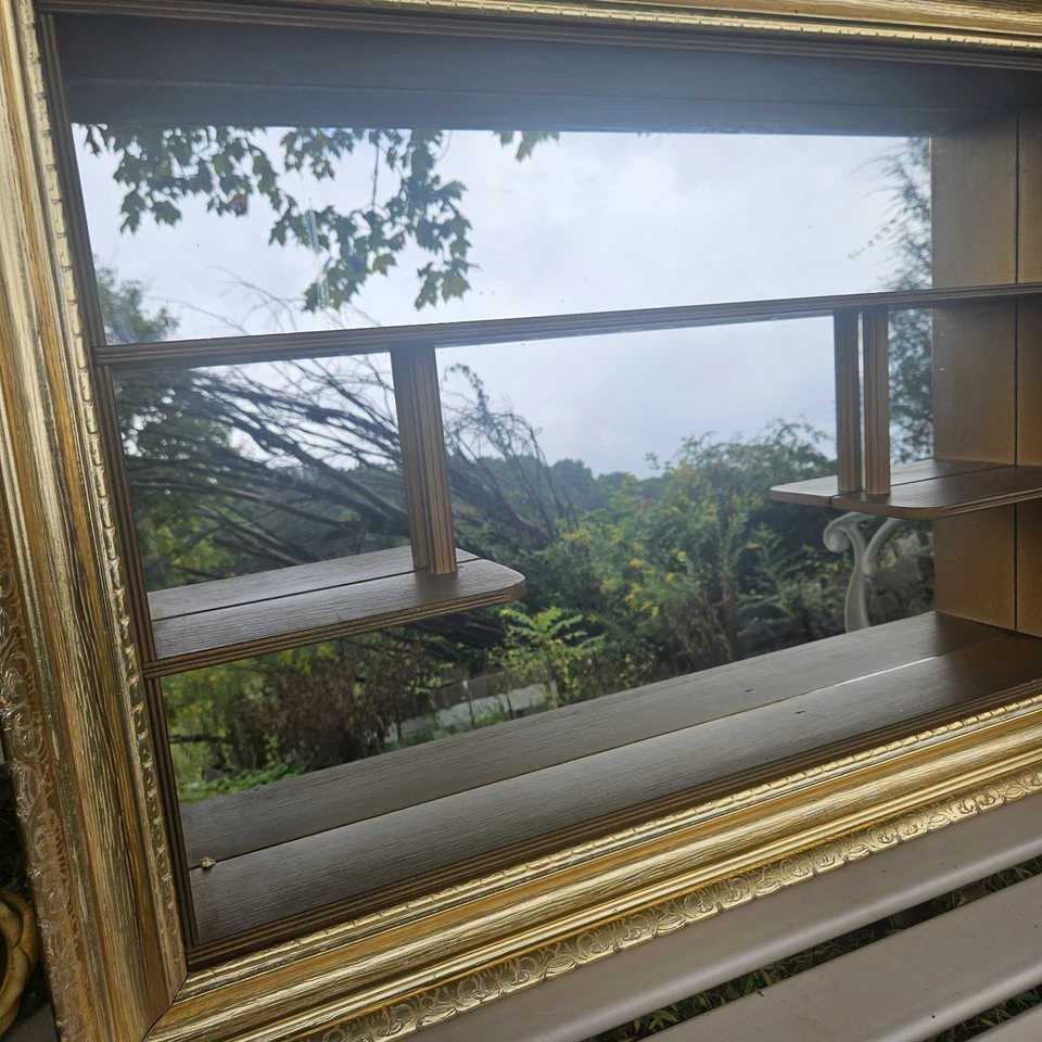 1958 MCM Shadow Box Mirror Shelves Ornate Gold Frame Illinois Moulding Regency - Image 2 of 4