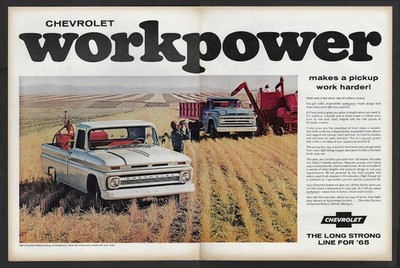 1965 CHEVY Series 60 2 pg Print Ad ''workpower... makes a pickup work harder'' 