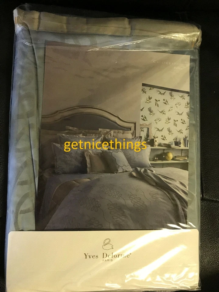 $460 Yves Delorme Queen Sábana Plana Pergamino Azul Báltico Platino Gris Satén Francia Foto 4 de 4