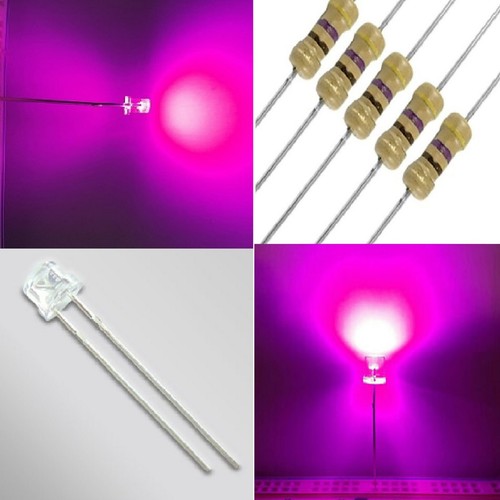 50 PZ. DIODI LED ROSA FUCSIA 5mm TESTA PIATTA FLAT TOP + RESISTENZE - Foto 1 di 2