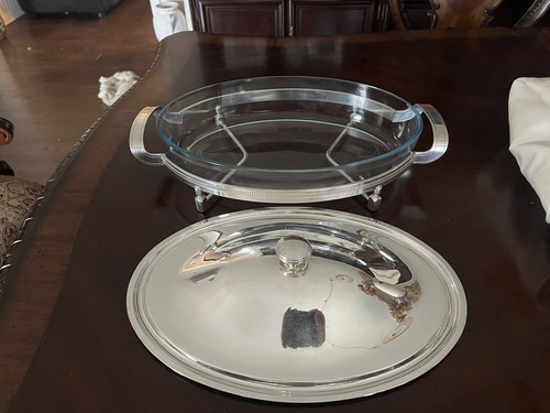 GORHAM by MAESTRI Silver Oval Covered Glass Serving Plate 13.5"x9" w/handles - Picture 4 of 12